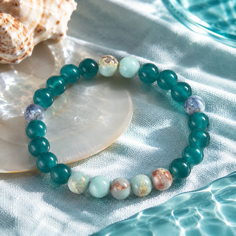 Green Chalcedony Mixed Color Bead Bracelet, Unisex Gift